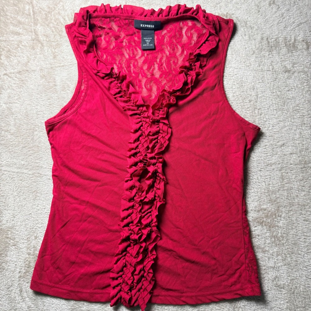 Y2K Express Womens Red Ruffle Front Lace Back Sleeveless ‎ Top Size M Romantic